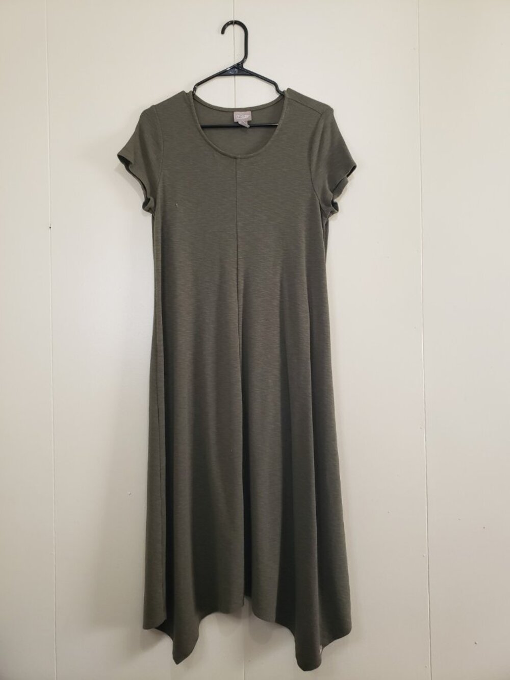 Chicos 1 Womens 8 Midi T-Shirt Dress Olive Green Casual Stretch Knit Lagenlook